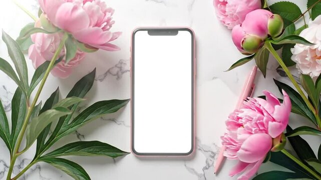 A modern smartphone rests on a marble surface surrounded by delicate flowers