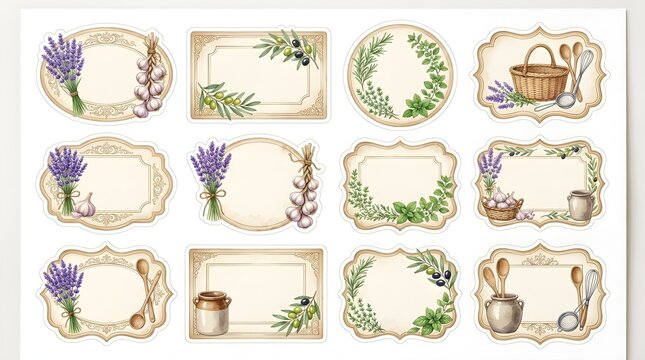 Vintage Pantry Label Stickers with Herbs and Kitchen Utensils