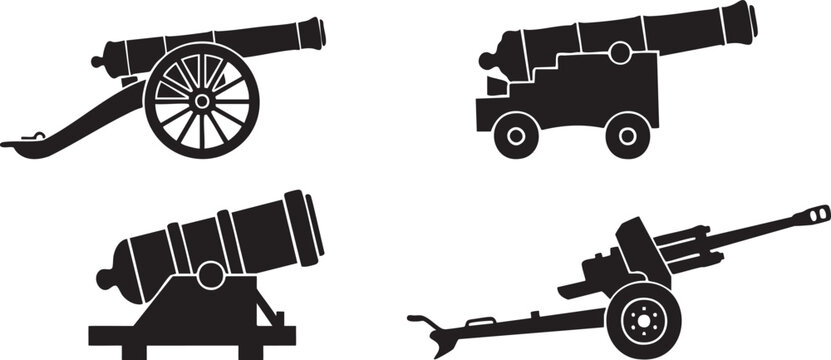 Collection of four black flat military and historical cannon icons