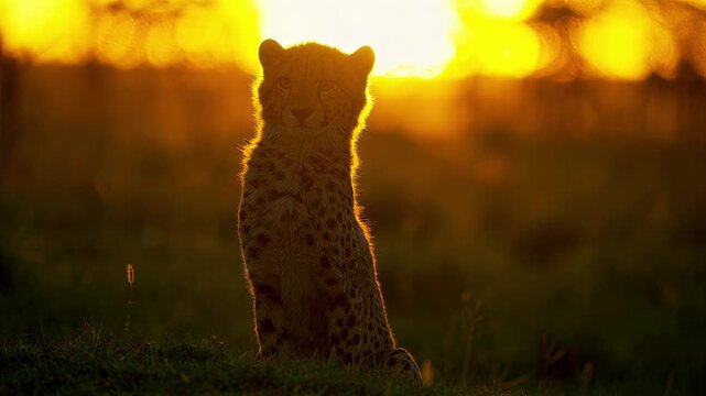 Golden hour silhouette of a cheetah cub in the African savanna