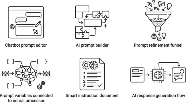 A vector icon set illustrating artificial intelligence prompt engineering, workflow design, and chatbot response optimization.