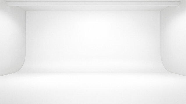 Minimalist white studio background, empty professional photography cyclorama wall, clean bright interior space for product placement