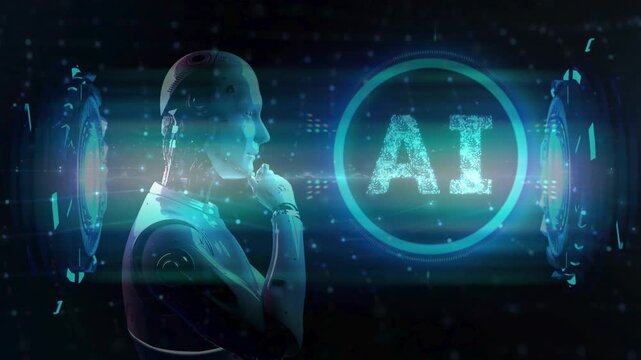 Futuristic AI robot profile with glowing holographic text and digital circles. Depicts artificial intelligence, machine learning, and advanced robotics concepts.