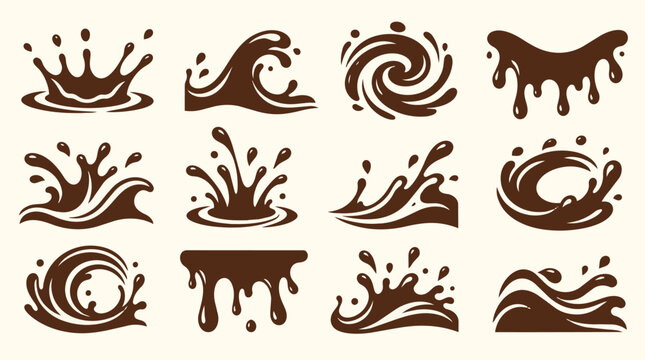 Chocolate Liquid Splashes, Dynamic Drips, Swirls, and Wave Vector Set