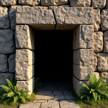 Ancient Stone Doorway with Massive Weathered Lintel and Fern-Filled Joints