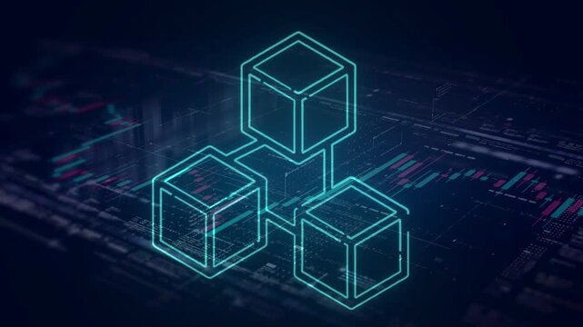 Glowing blue 3D cubic blockchain icon hovering over a dark background with abstract financial trading charts and data. Symbolizes decentralized finance, crypto trading, and digital markets.