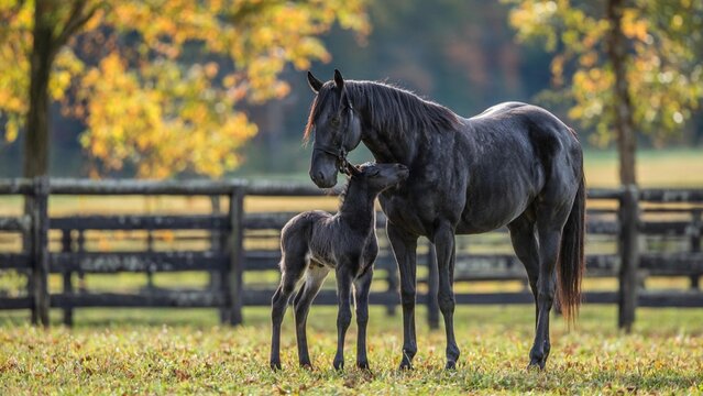 Black mare and foal in horse breeding farm autumn landscape