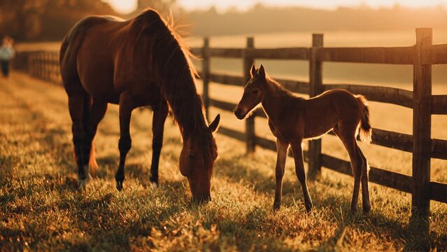 Horse breeding on rural farm with mare and foal at sunset