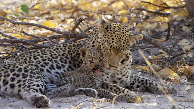 Adorable leopard cubs playing and grooming each other in the African wilderness