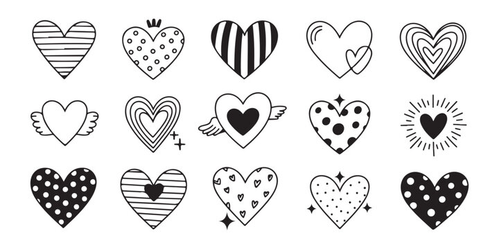 Collection of hand drawn decorative doodle heart shapes isolated on a transparent background set.