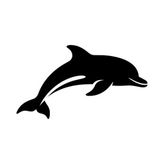 Fototapeta premium Black Silhouette of a Dolphin Leaping Mid-Air on a White Background, Minimalist Ocean Mammal Icon