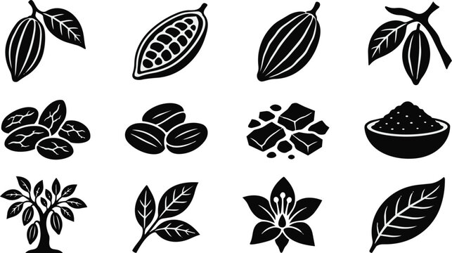 Cocoa Chocolate Beans Pods Leaves Flower Tree Icons Set
