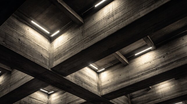 Modern concrete ceiling architecture with integrated linear LED lighting.