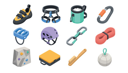 Colorful rock climbing and outdoor adventure gear collection. © artdeco_studio