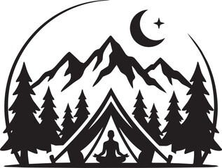 Obraz premium Camping tent with mountains and trees under crescent moon night sky