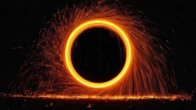 A glowing ring of fire sparks spinning in the dark night