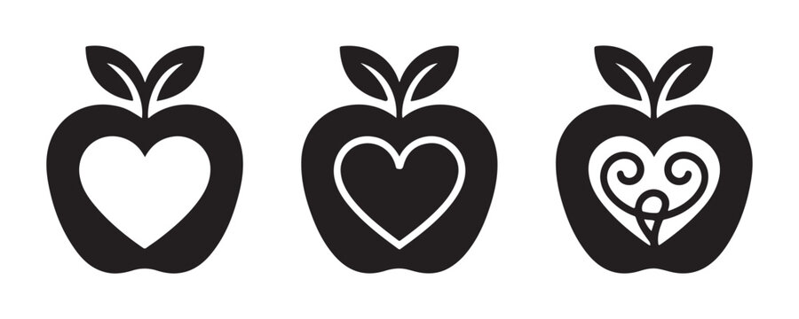 Three black apple silhouettes with heart shapes inside, representing love and health.
