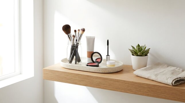 Makeup brushes and cosmetics on a wooden shelf in a bright room. makeup basics for beginners 