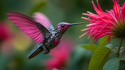 Fototapeta premium Vibrant pink hummingbird with metallic body hovers near a bright flower