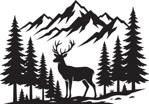 Deer standing in a forest with mountain background vector illustration