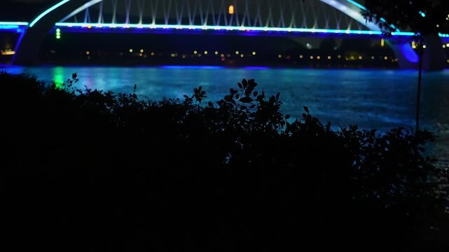 The shadows of trees reflect the night view of Nanning Bridge and Yongjiang River