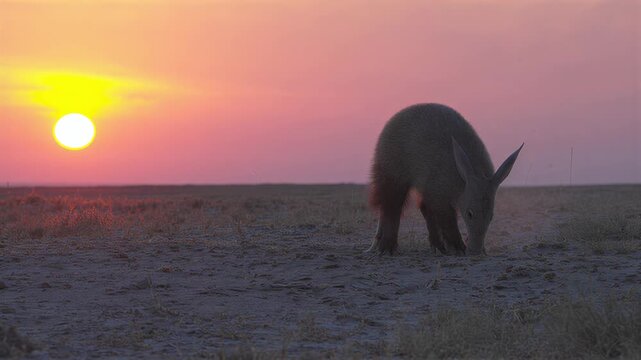 Aardvark foraging for food at sunset in the African savanna landscape