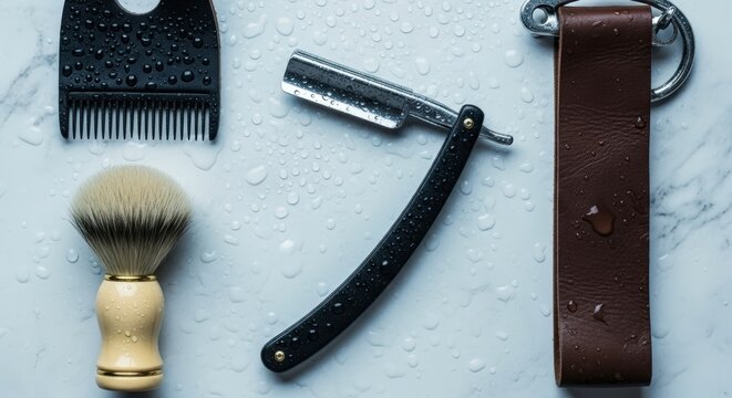 Vintage shaving kit on marble surface.