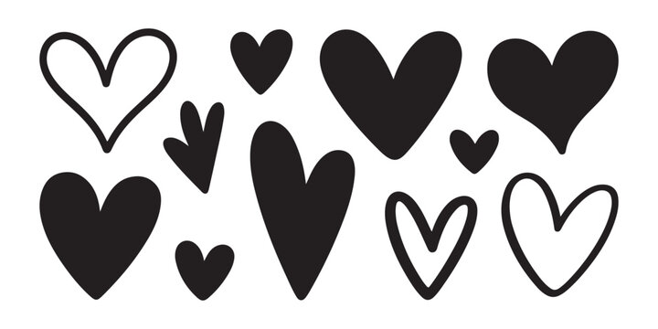 Set of black heart shape doodle and hand drawn hearts icon on transparent background.