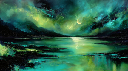 Fototapeta premium Surreal Green Dreamscape Lake with Glowing Moon – Dramatic Fantasy Landscape