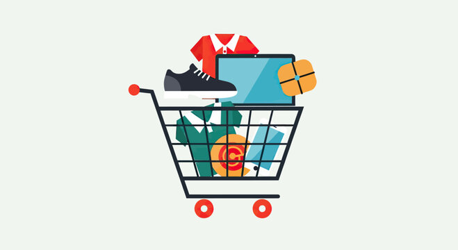 Shopping cart filled with clothing and electronic items.