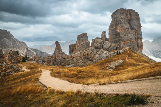 Wide hiking trail near Cinque Torri rock formations, Dolomites