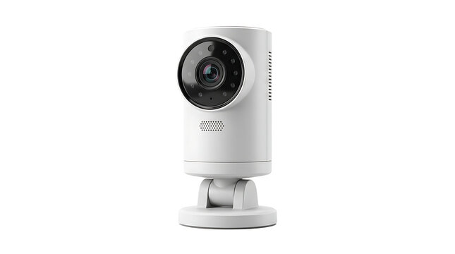 White smart security camera with a cylindrical featuring a black lens surrounded by infrared sensors, isolated on a white background