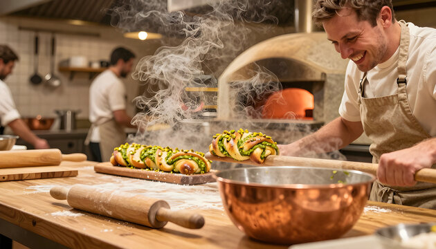 Wide shot of a highly focused, joyful baker pulling a steaming, freshly baked twisted pistachio pesto babka from a glowing hot stone oven.