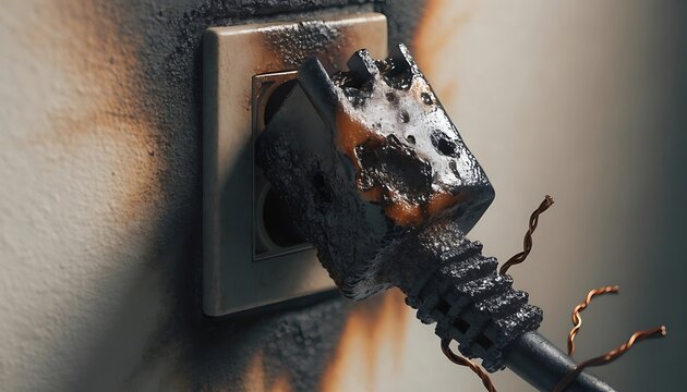 Burnt electrical plug in wall socket. Damaged power cord causing fire hazard risk.