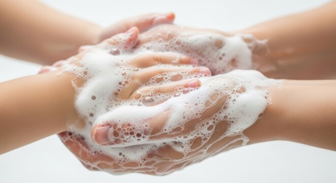 Close up of hands washing with soap and water, creating a lot of foam.