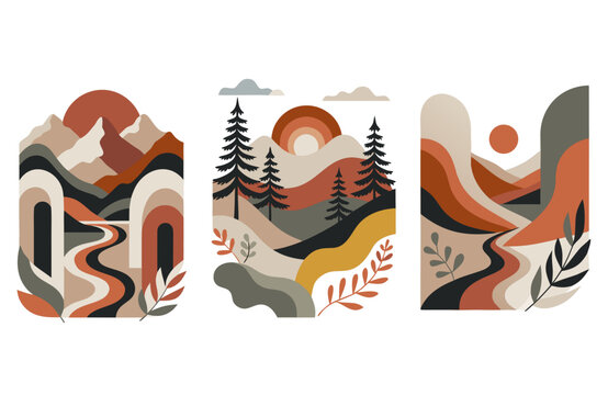 Boho Mountain Sunrise Collection Vector Set &ndash; Scandinavian Mountain Landscape Wall Art, Minimal Nature Posters, 3 Boho Vector Illustrations