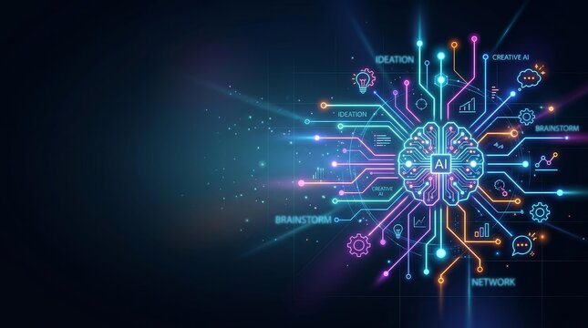 AI Brain Innovation, Digital Landscape, Illustration, Minimalist Design, Futuristic Concept