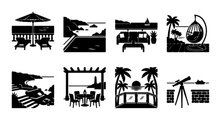 Obraz premium Vector Icons: Tropical Resort Scenes, Beach Loungers, Pergola Dining, Sunset Views, Telescope