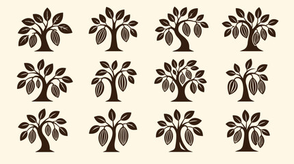 Obraz premium Stylized Cacao Trees Vector Pattern, Brown Chocolate Pods Icons