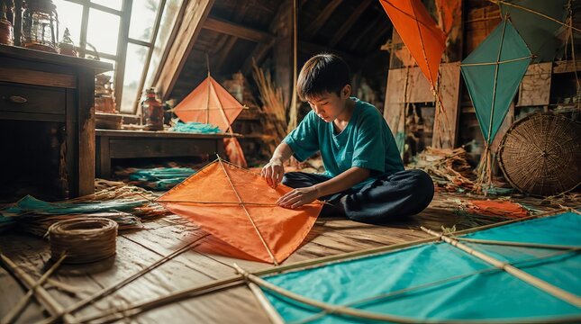 Young boy crafting colorful kites in a rustic attic workshop