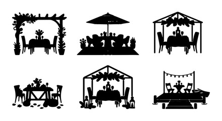 Obraz premium Outdoor Dining Silhouettes: Pergola, Gazebo, Patio Table Sets, Garden Ambiance