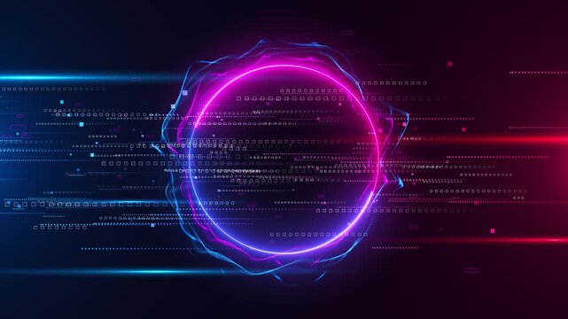 Neon glitch circle data background pink and blue ring, flowing mesh waves, digital square particles space. tech videos, cyber intros, music visuals, streaming overlays, futuristic titles, and modern