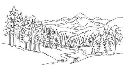 Obraz premium Minimalist mountain landscape continuous line art, scenic forest valley with river and pine trees vector, wilderness nature drawing for coloring isolated on White Background