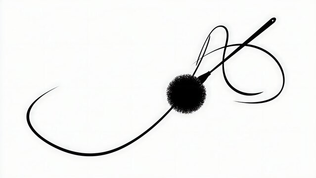 Black pom pom with curly string on white background.