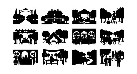 Obraz premium Silhouette Scenes: Outdoor Events, Markets, and Architecture Vector Collection