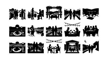 Obraz premium Vineyard Celebration Silhouettes: Wine Tasting, Dining, and Festivities Vector Set