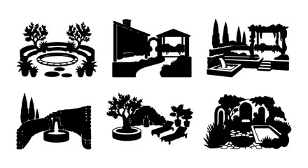 Fototapeta premium Landscape Design Icons, Garden Layout Vector Set, Outdoor Space Elements, Black White Silhouettes