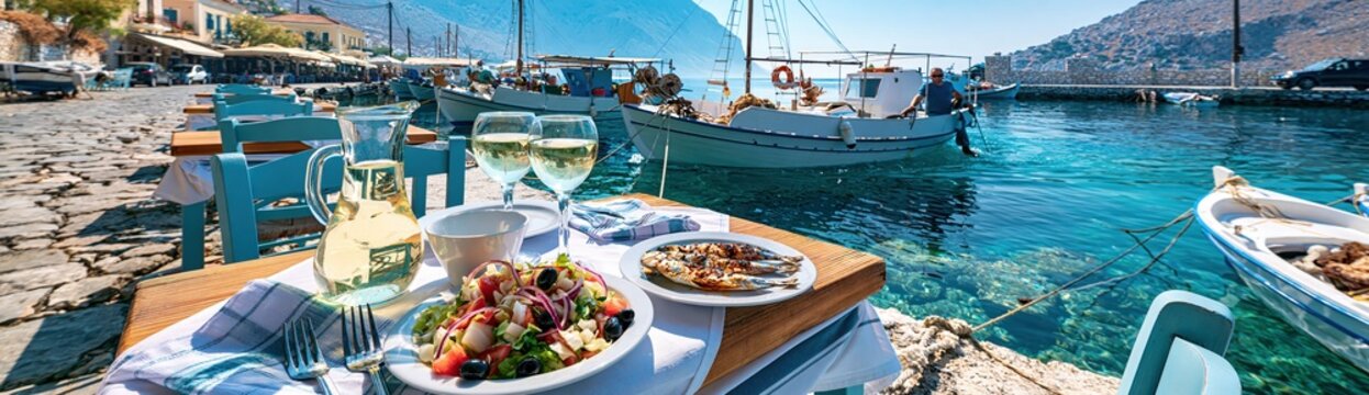 Fresh greek food and white wine pairing on a waterfront dining table, enjoying clear blue sea and fishing boats