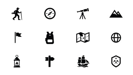 Minimalist black icons set featuring exploration and adventure symbols on light background with adventure themes against neutral background representing exploration tools © Suranjana