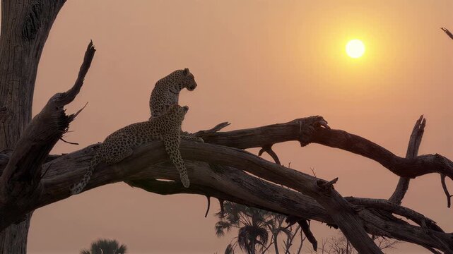 Leopards resting on a dead tree branch during a warm sunset in the savanna